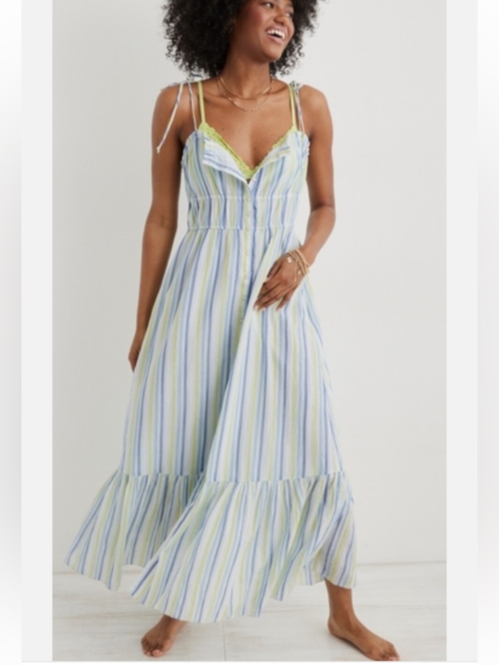 BOGO! Aerie Striped Cotton Gauze Midi Maxi Dress White Blue Size Medium